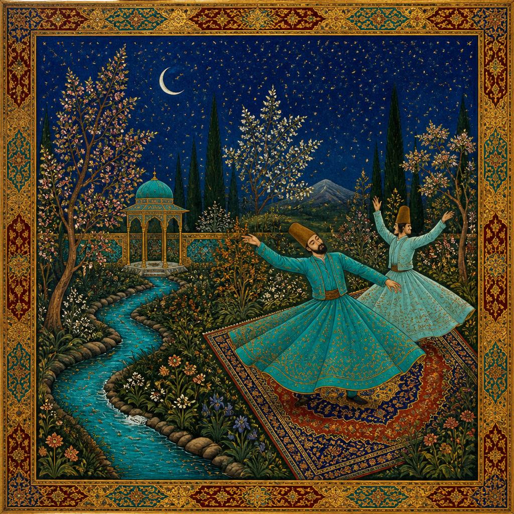 An original Persian miniature-inspired garden at night with two whirling dervishes